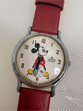 Vintage Lorus Quartz Mickey Mouse Red Strap Watch Works New Strap and Battery